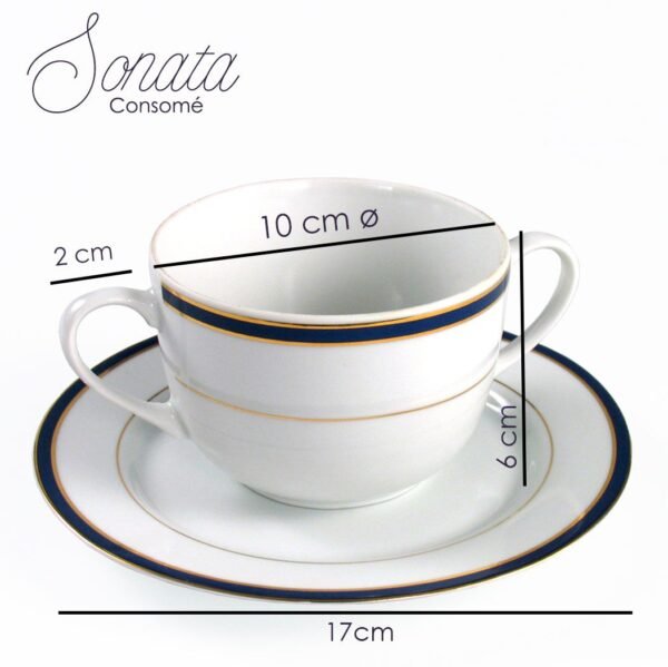 Juego de boles consomé de porcelana blanca (12 piezas) Sonata, 6 boles consomé con asas (33cl), 6 platillos para tazas, con filo de oro