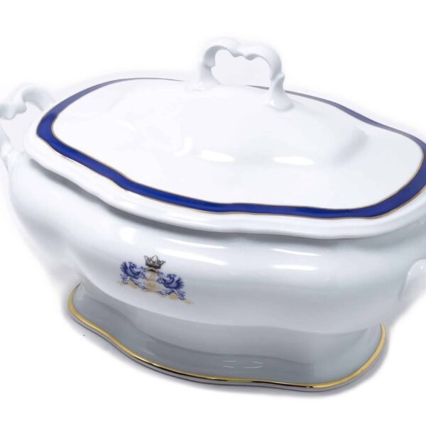 Sopera de porcelana blanca (4L) Duisburg, 1 tapa de porcelana, filo de oro, azul cobalto