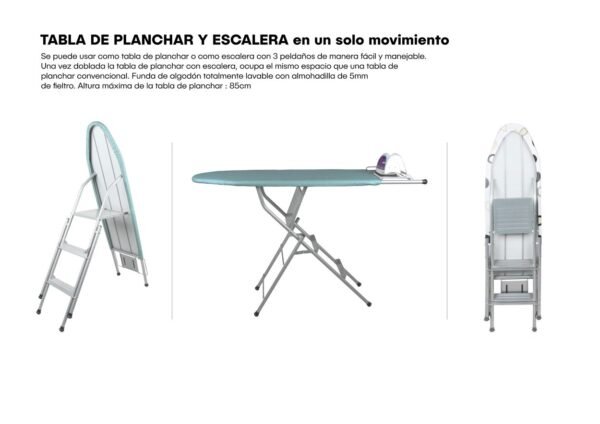 Tabla de planchar plegable con escalera de 3 peldaños incorporada (1 pieza), fácil conversión, robusta y estable, soporta hasta 150 kg de peso