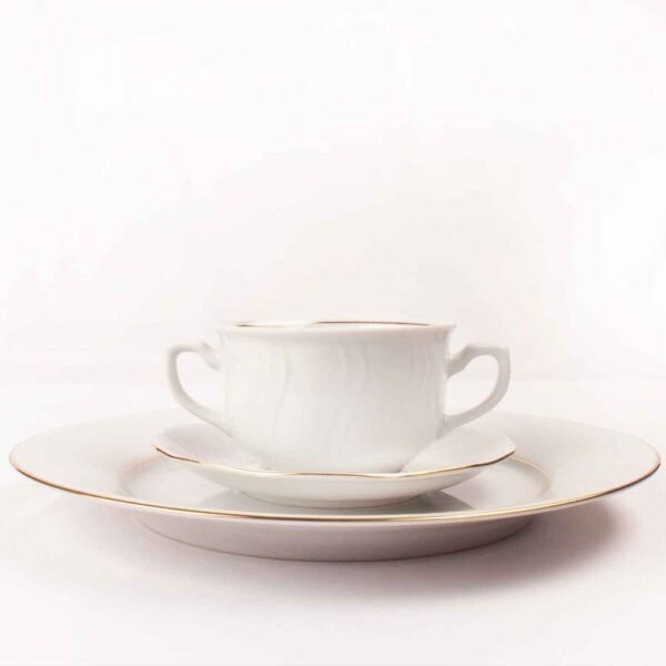 Juego de boles (24 piezas) consomé de porcelana blanca  Lubeck, 12 boles consomé con asas (35 cl), 12 platillos para tazas, con filo de oro