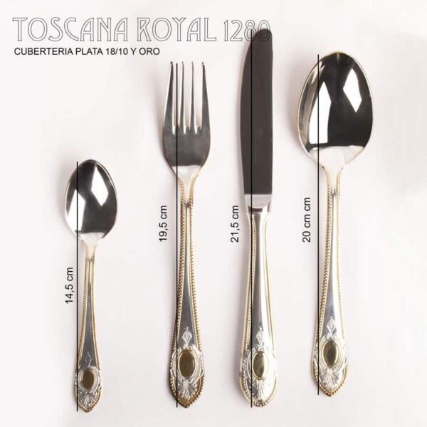 toscana1280royal_cotas.jpg Cubertería de Lujo Toscana Royal (18 Piezas), Acero Inoxidable 18/10 Plata y Oro, Juego de Cubiertos para 6 Personas, Set Elegante para Bodas, Navidad, Celebraciones y Regalos