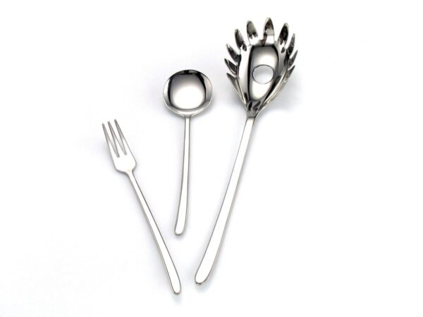 trento-pasta-cubiertos-presentacion.jpg Set de Cubiertos para Pasta Trento (18 Piezas) Acero Inoxidable Pulido Espejo, 6 Tenedores, 6 Cucharas, 1 Cucharón, 2 Platos, 1 Ensaladera y 2 Boles