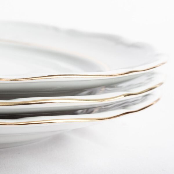 Juego de vajilla de porcelana blanca (55 piezas) Rhein, 24 platos llanos, 12 platos hondos, 12 platos de postre, 4 fuentes de servir, 1 ensaladera, 1 sopera, 1 salsera, filo de oro