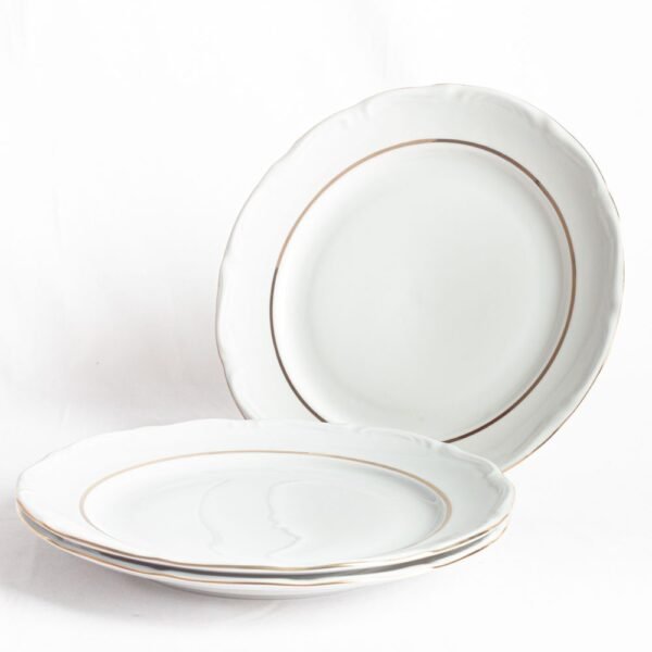 Juego de vajilla de porcelana blanca (55 piezas) Rhein, 24 platos llanos, 12 platos hondos, 12 platos de postre, 4 fuentes de servir, 1 ensaladera, 1 sopera, 1 salsera, filo de oro