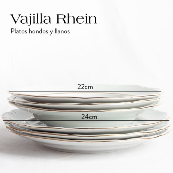 vajialla-rhein-a-1000x1000-43.jpg Juego de vajilla de porcelana blanca con filo de oro (18 piezas) Rhein, 6 platos llanos, 6 platos hondos, 6 platos de postre