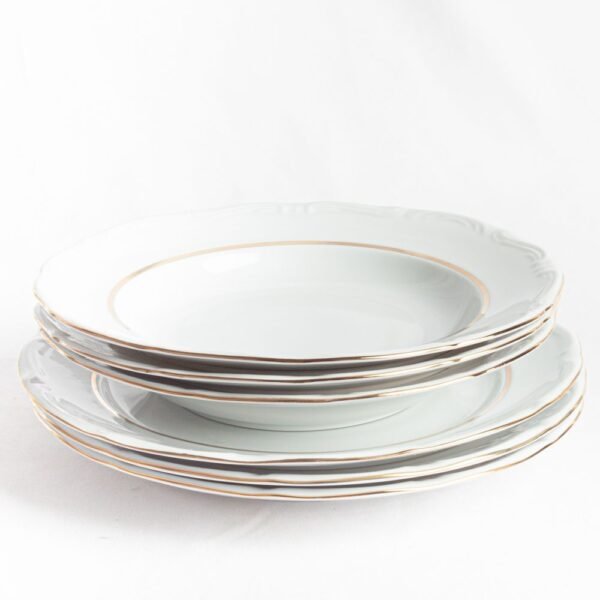 vajialla-rhein-a-1000x1000-44.jpg Juego de vajilla de porcelana blanca con filo de oro (18 piezas) Rhein, 6 platos llanos, 6 platos hondos, 6 platos de postre