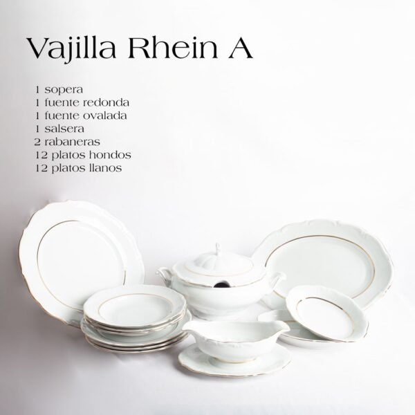 Juego de vajilla de porcelana blanca (55 piezas) Rhein, 24 platos llanos, 12 platos hondos, 12 platos de postre, 4 fuentes de servir, 1 ensaladera, 1 sopera, 1 salsera, filo de oro