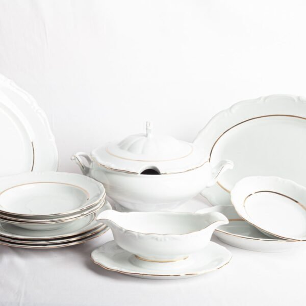 Juego de vajilla de porcelana blanca (55 piezas) Rhein, 24 platos llanos, 12 platos hondos, 12 platos de postre, 4 fuentes de servir, 1 ensaladera, 1 sopera, 1 salsera, filo de oro