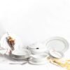 Juego de vajilla de porcelana blanca (55 piezas) Rhein, 24 platos llanos, 12 platos hondos, 12 platos de postre, 4 fuentes de servir, 1 ensaladera, 1 sopera, 1 salsera, filo de oro