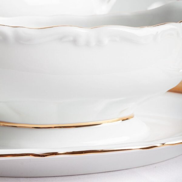 Juego de vajilla de porcelana blanca (55 piezas) Rhein, 24 platos llanos, 12 platos hondos, 12 platos de postre, 4 fuentes de servir, 1 ensaladera, 1 sopera, 1 salsera, filo de oro