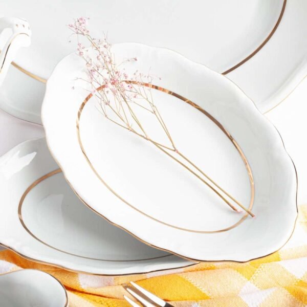 Juego de vajilla de porcelana blanca (55 piezas) Rhein, 24 platos llanos, 12 platos hondos, 12 platos de postre, 4 fuentes de servir, 1 ensaladera, 1 sopera, 1 salsera, filo de oro