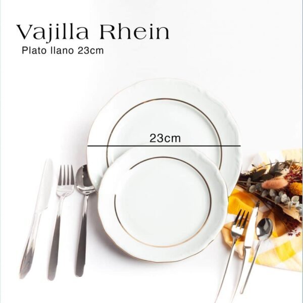 vajilla-rhein-b-platollano-cotas.jpg Juego de vajilla de porcelana blanca con filo de oro (18 piezas) Rhein, 6 platos llanos, 6 platos hondos, 6 platos de postre