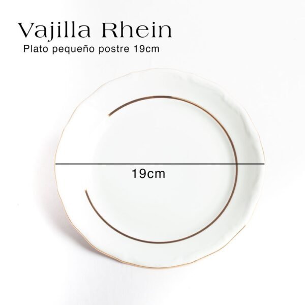vajilla-rhein-b-platopostre-cotas.jpg Juego de vajilla de porcelana blanca con filo de oro (18 piezas) Rhein, 6 platos llanos, 6 platos hondos, 6 platos de postre